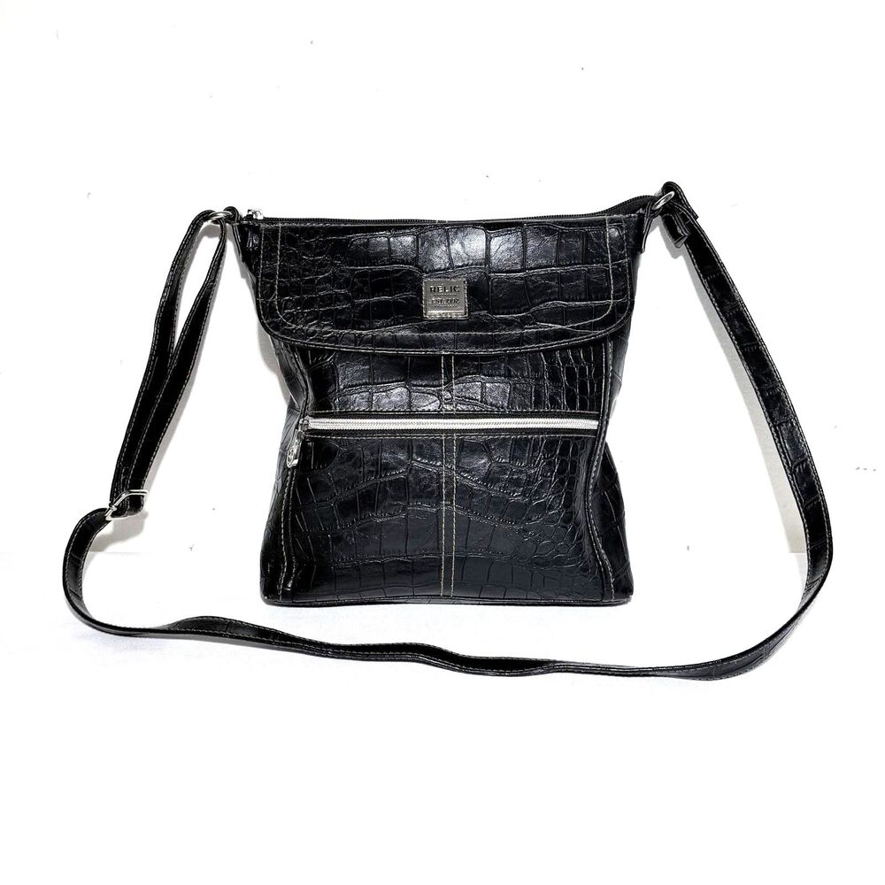 Relic By Fossil Black Faux Leather Croc Embossed Adjustable Strap CrossBody Bag